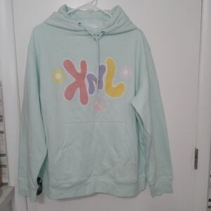 KNJ Peace Out Pastel Green Embroidered Long Sleeve Hoodie Fuzzy Spellout XL